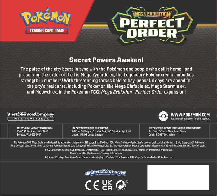 Pokémon ME03: Perfect Order Display von The Pokémon Company, zeigt eine attraktive Anordnung der Pokémon-Sammelkarten.