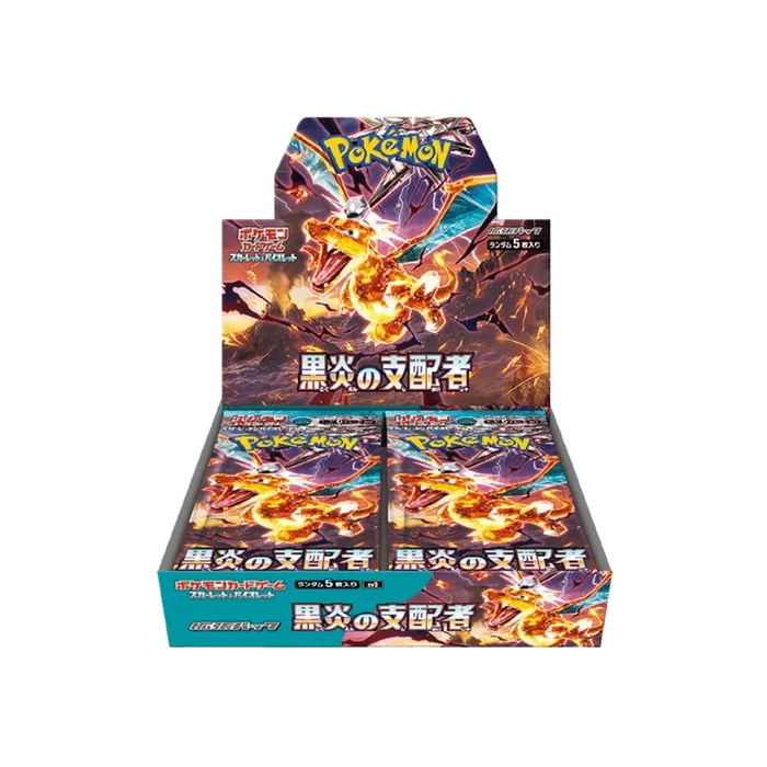 Pokémon TCG Ruler of the Black Flame Booster-Box mit Sammelkarten vom Pokémon Company, zeigt die Verpackung und Booster.