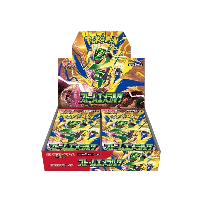Pokémon TCG Storm Emeralda Booster-Box von The Pokémon Company mit aufgestellten Sammelkarten in einer offenen Verpackung