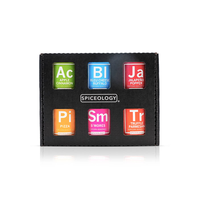 Spiceology Popcorn Mini Gift Set with six spice containers with colorful labels in a black box, featuring the Spiceology brand.