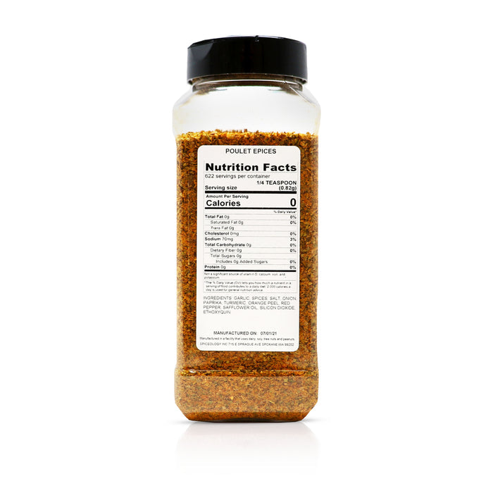 Back view of Spiceology Poulet Epice blend nutrition facts and ingredient information.