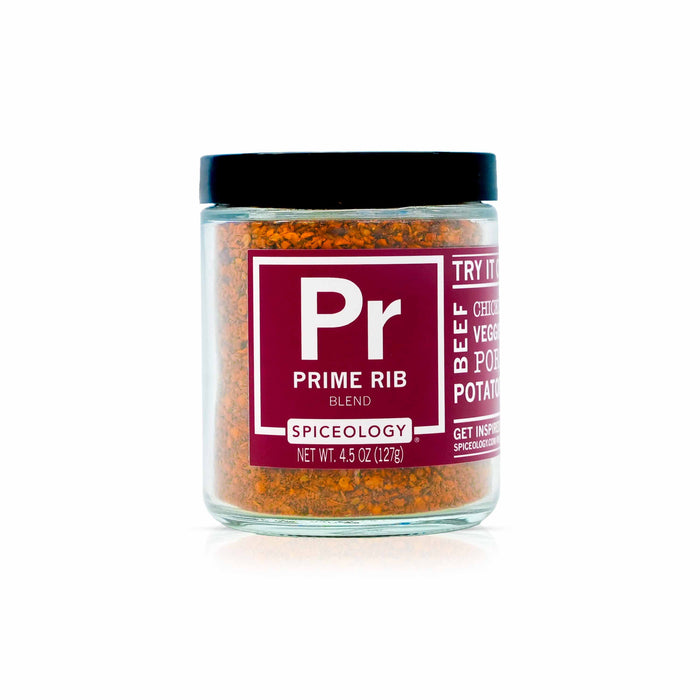 Spiceology prime rib rub jar on a white background