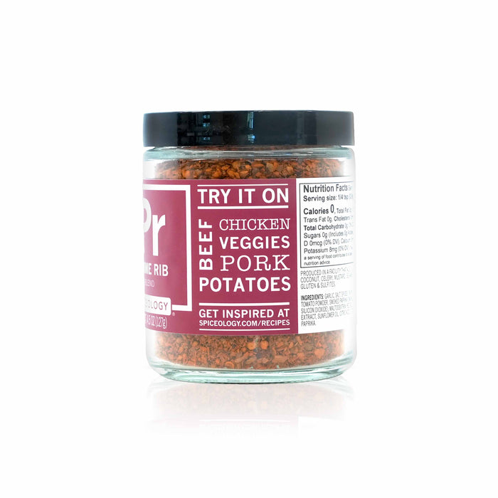 Side view of Spiceology prime rib rub on a white background