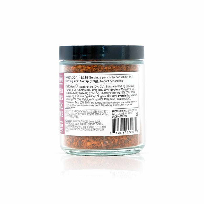Back view of Spiceology prime rib rub displaying nutrition facts and ingredient information.