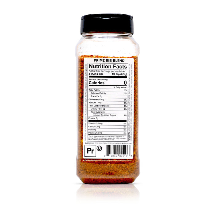 Back view of Spiceology Prime Rib blend nutrition facts and ingredient information.