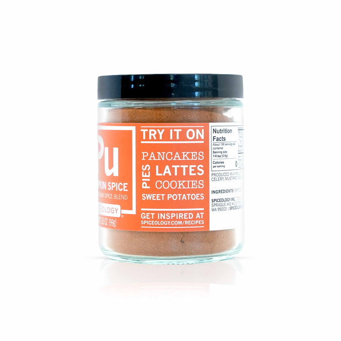 Side view of Spiceology pumpkin spice seasoning on a white background