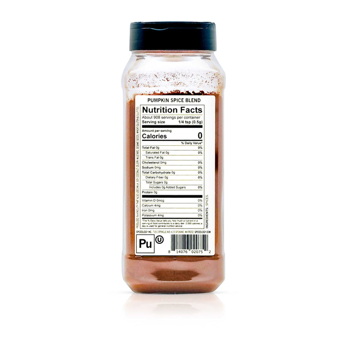 Back view of Spiceology pumpkin spice blend nutrition facts and ingredient information.