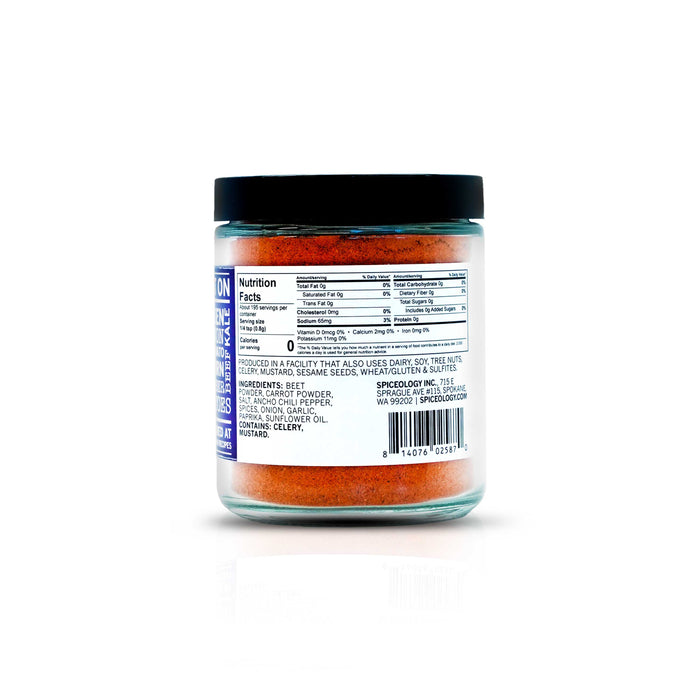 Back view of Spiceology purple haze seasoning displaying nutrition facts and ingredient information.