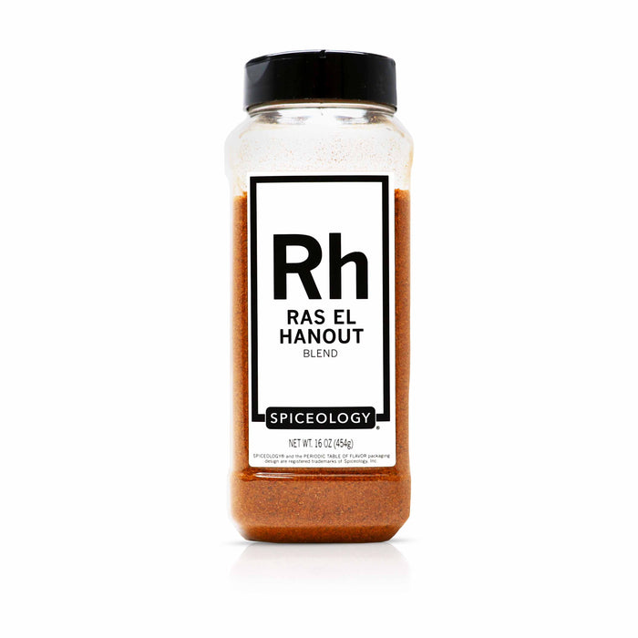 Bottle of Spiceology Ras El Hanout spice blend on a white background