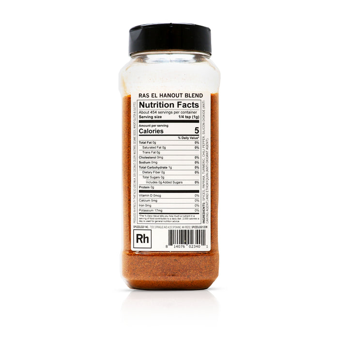Back view of Spiceology Ras El Hanout blend nutrition facts and ingredient information.