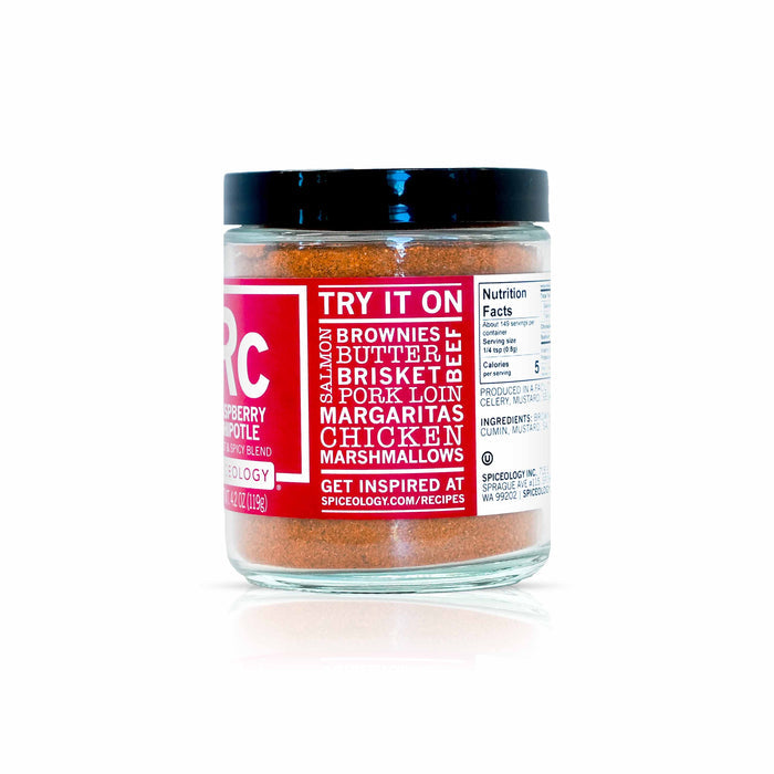 Side view of Spiceology raspberry chipotle seasoning on a white background