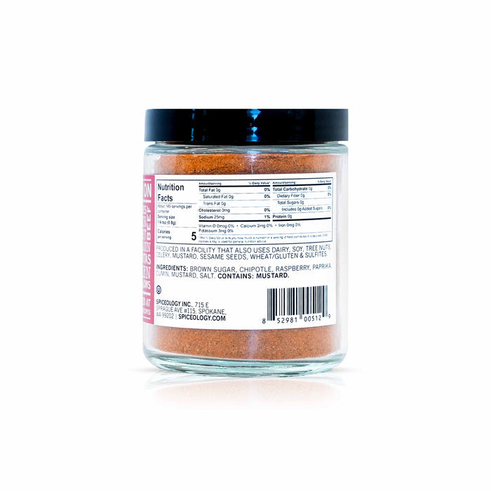 Back view of Spiceology raspberry chipotle seasoning displaying nutrition facts and ingredient information.