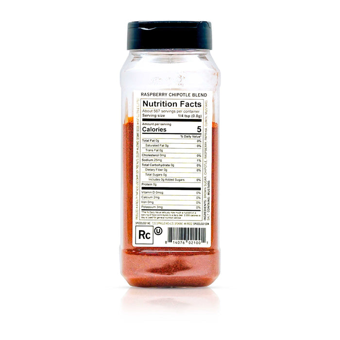 Back view of Spiceology raspberry chipotle blend nutrition facts and ingredient information.