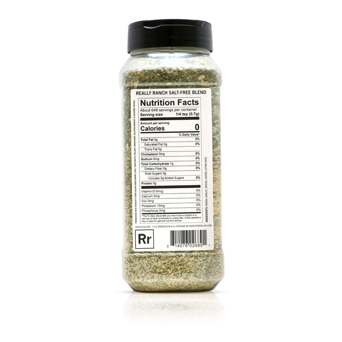 Back view of Spiceology Really Ranch Salt-Free blend nutrition facts and ingredient information.