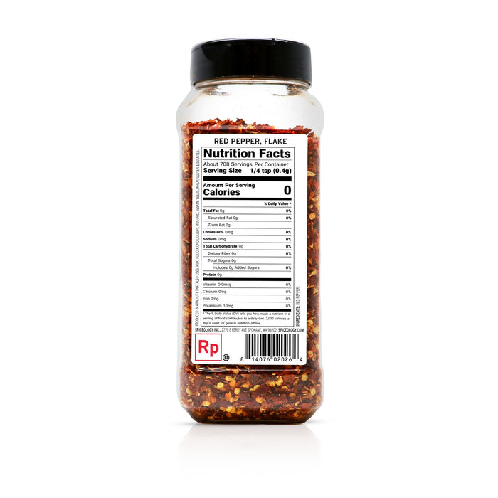 Back label of Spiceology Red Pepper Flake jar showing nutritional and product information