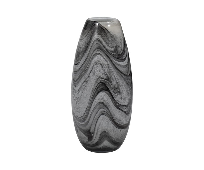 A tall, oval-shaped Retro Swirl Vase in a bold black/multi marbled swirl pattern, this hand-finished glass piece is displayed against a plain white background.