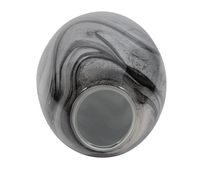 A top view of the Retro Swirl Vase reveals its round shape and wide opening, highlighting grey and white marbled swirls across the hand-finished glass surface.