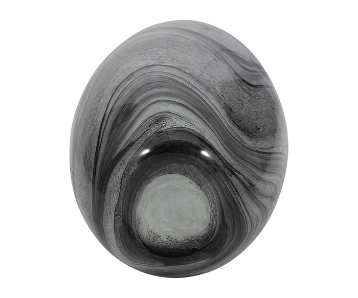 A Retro Swirl Vase in polished black and gray, featuring swirling, marble-like patterns reminiscent of hand-finished glass, shown against a white background.
