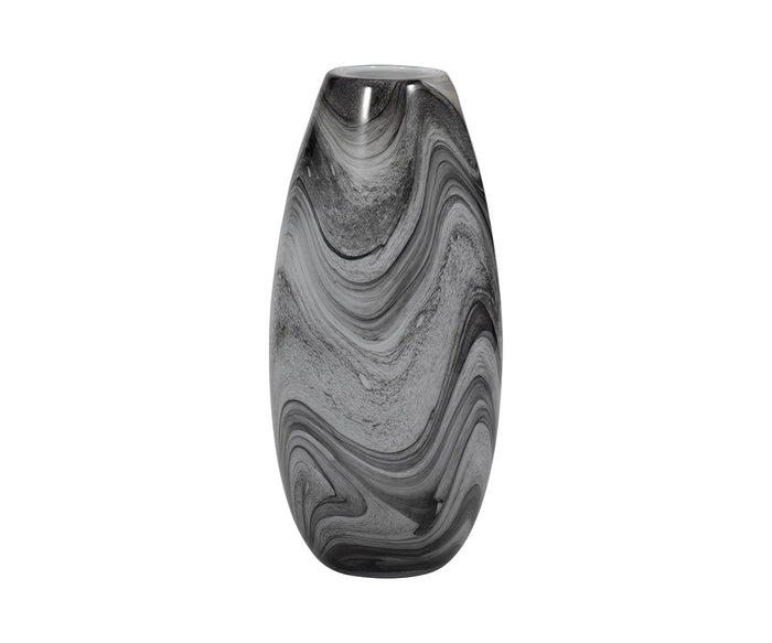 The Retro Swirl Vase is a tall, oval-shaped marbled glass vase featuring a glossy black and gray swirl pattern. Hand-finished and displayed against a plain white background, this vase brings timeless elegance to any space.