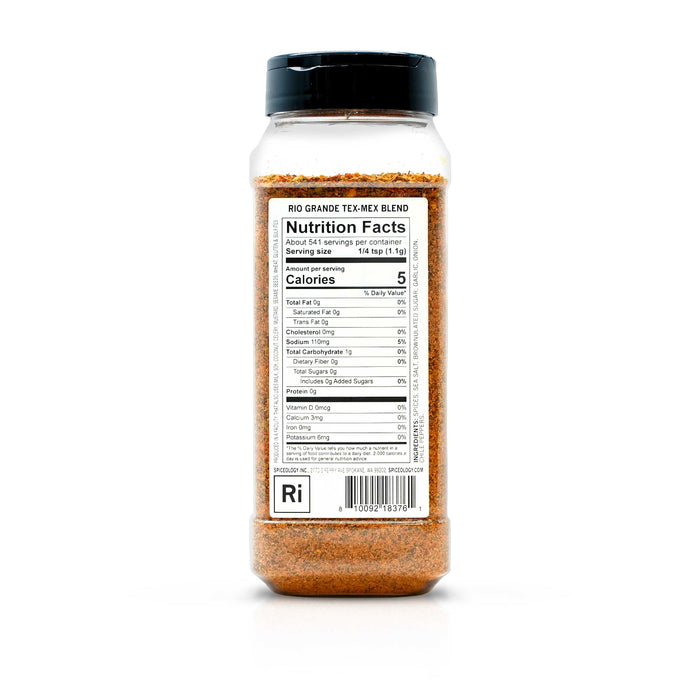 Back view of Spiceology rio grande tex-mex blend displaying nutrition facts and ingredient information.