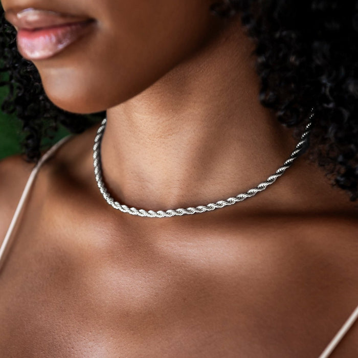 Rope Necklace + Bracelet Bundle in White Gold- 4mm