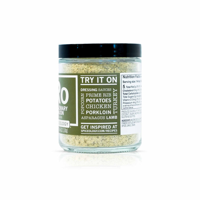 Side view of Spiceology rosemary dijon seasoning on a white background