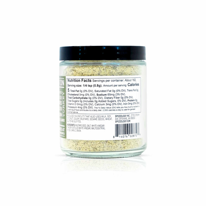 Back view of Spiceology rosemary dijon seasoning displaying nutrition facts and ingredient information.