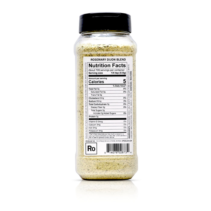Back view of Spiceology Rosemary Dijon Blend nutrition facts and ingredient information.