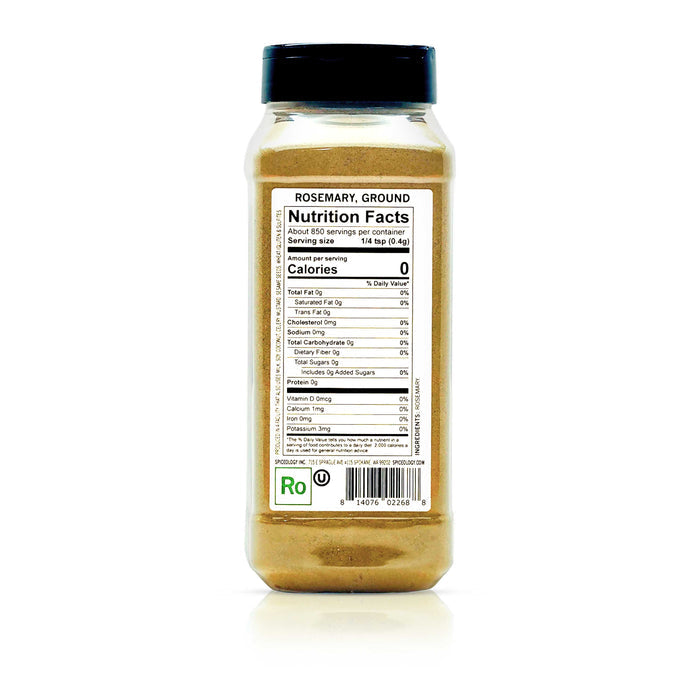 Back view of Spiceology rosemary, ground nutrition facts and ingredient information.