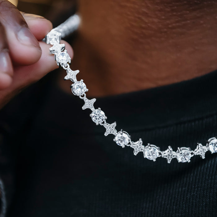 Round Stone Star Tennis Chain + Bracelet Bundle in White Gold