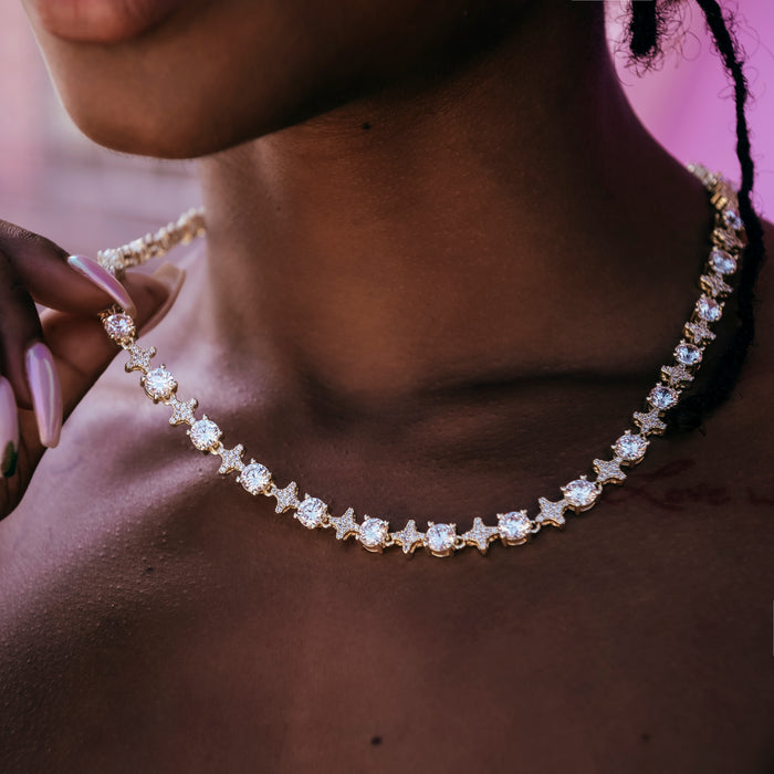 Round Stone Star Tennis Necklace + Bracelet Bundle in Yellow Gold