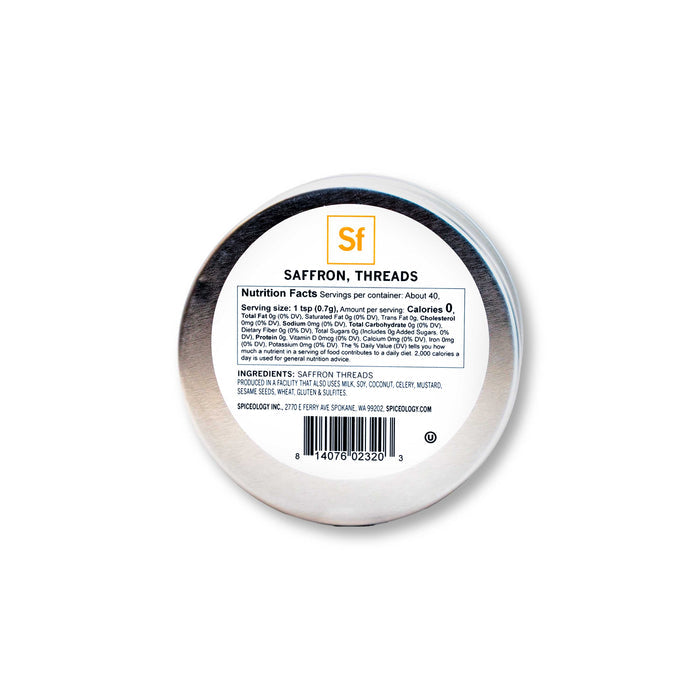 Back view of Spiceology saffron threads nutrition facts and ingredient information.