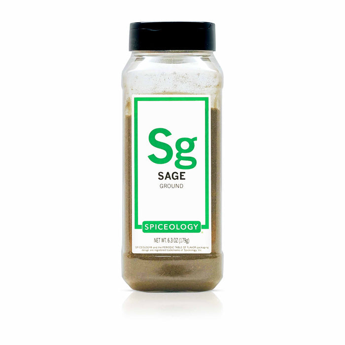 Bottle of Spiceology ground sage on a white background