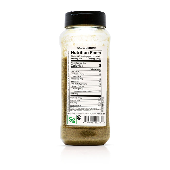 Back view of Spiceology Sage, ground nutrition facts and ingredient information.