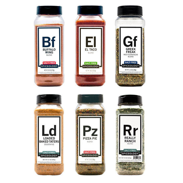 Collection of Spiceology Salt-Free Blend bottles with labels on a white background
