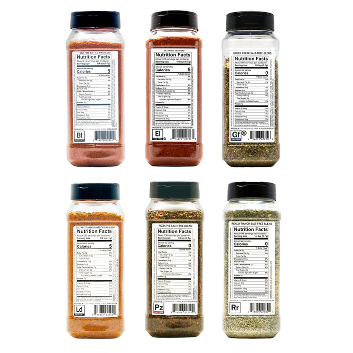 Back view of six Spiceology Salt-Free Blend bottles showing nutrition facts and ingredient information on a white background