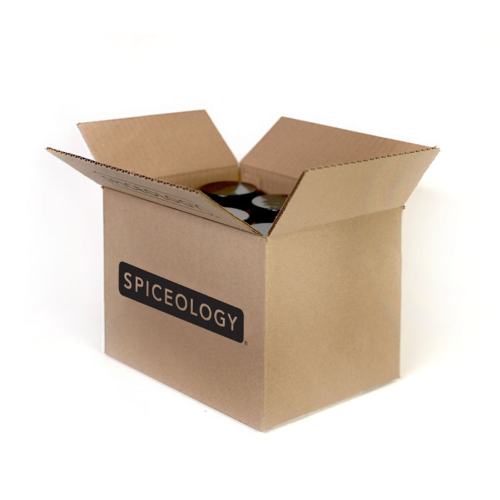 Cardboard box with 'Spiceology' label on a white background