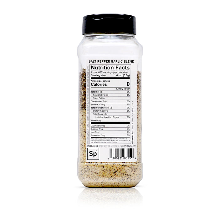 Back view of Spiceology Salt Pepper Garlic Blend nutrition facts and ingredient information.