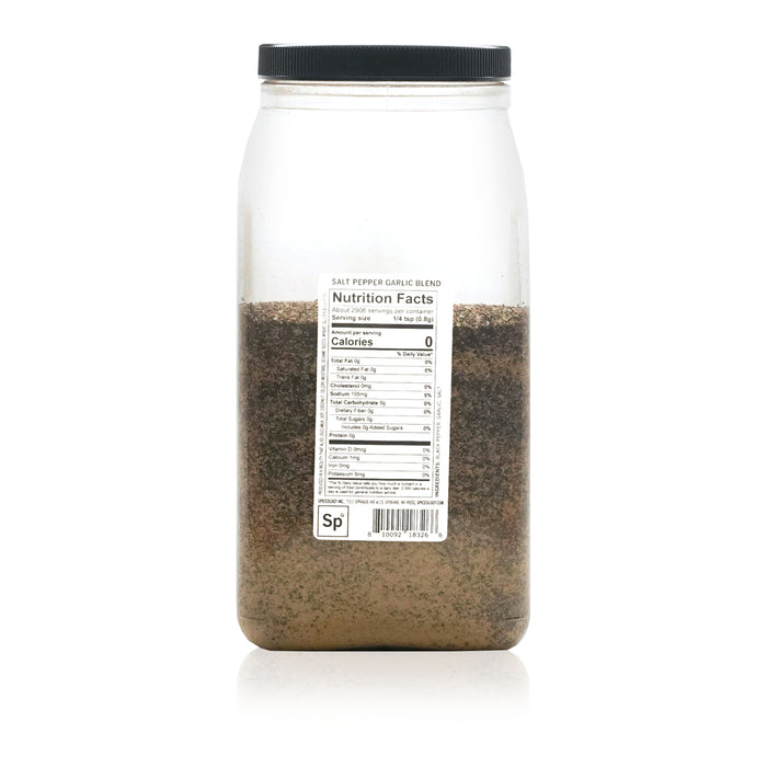 Back view of Spiceology Salt Pepper Garlic Blend nutrition facts and ingredient information.