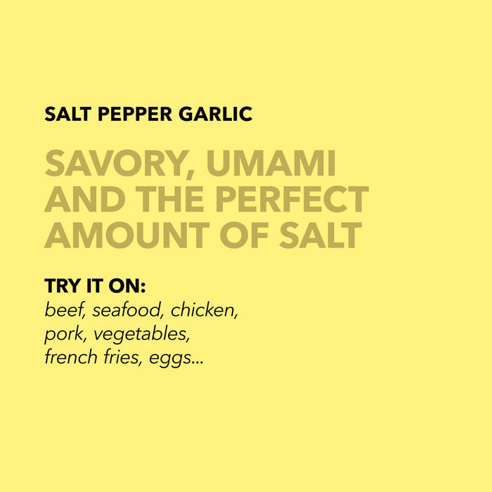 Light yellow flavor profile card for Spiceology Salt Pepper Garlic with headline Savory, Umami and the Perfect Amount of Salt and a list of suggested uses