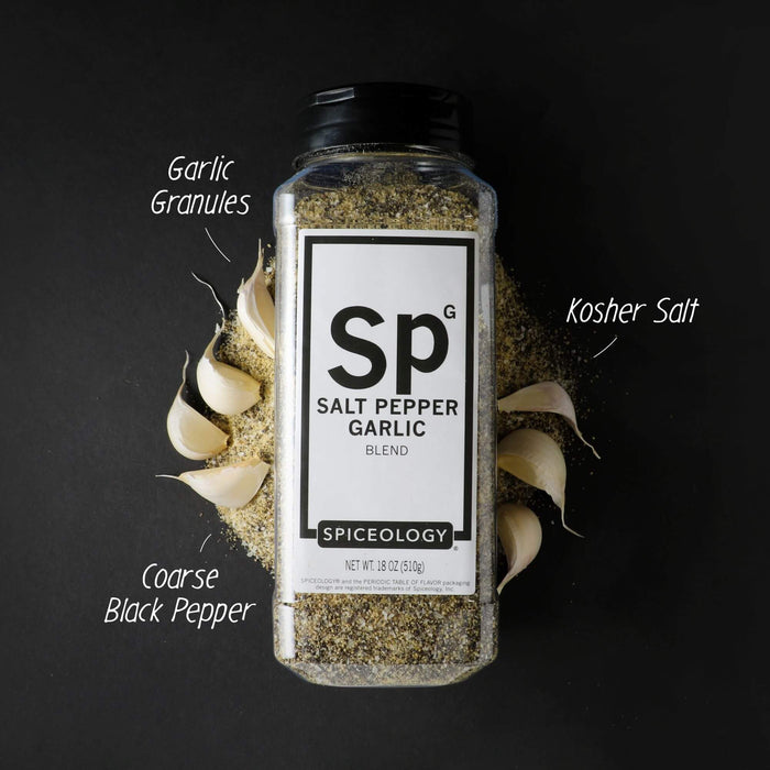 Spiceology Salt Pepper Garlic shaker jar on a dark background with labeled ingredient callouts for Coarse Granules, Kosher Salt, and Coarse Black Pepper surrounding the jar