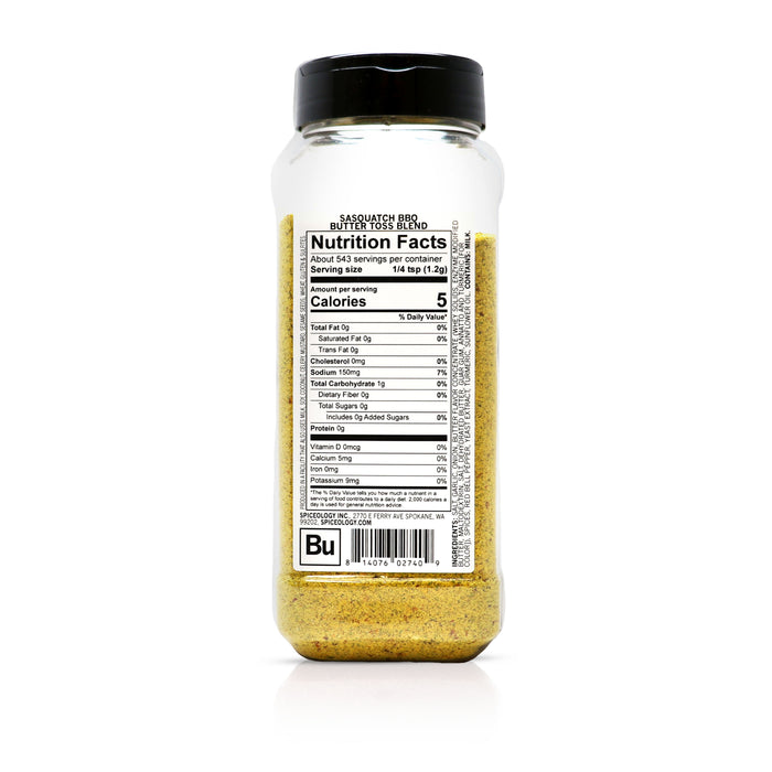 Back view of Spiceology Sasquatch BBQ Butter Toss Blend nutrition facts and ingredient information.