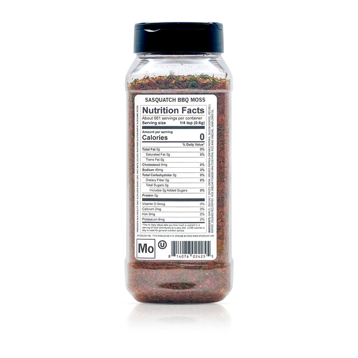 Back view of Spiceology sasquatch bbq moss displaying nutrition facts and ingredient information.