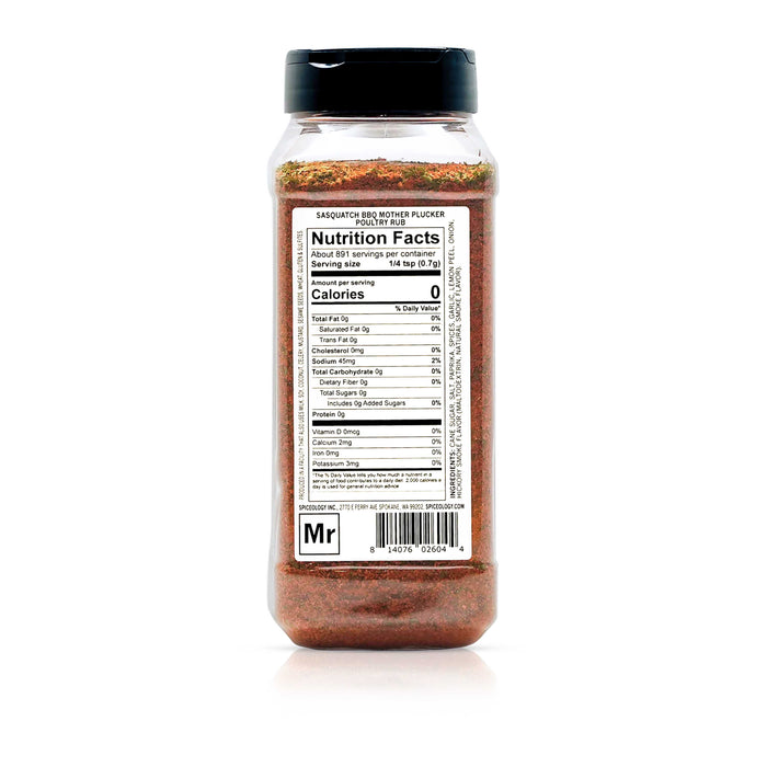 Back view of Spiceology Sasquatch BBQ Mother Plucker rub nutrition facts and ingredient information.