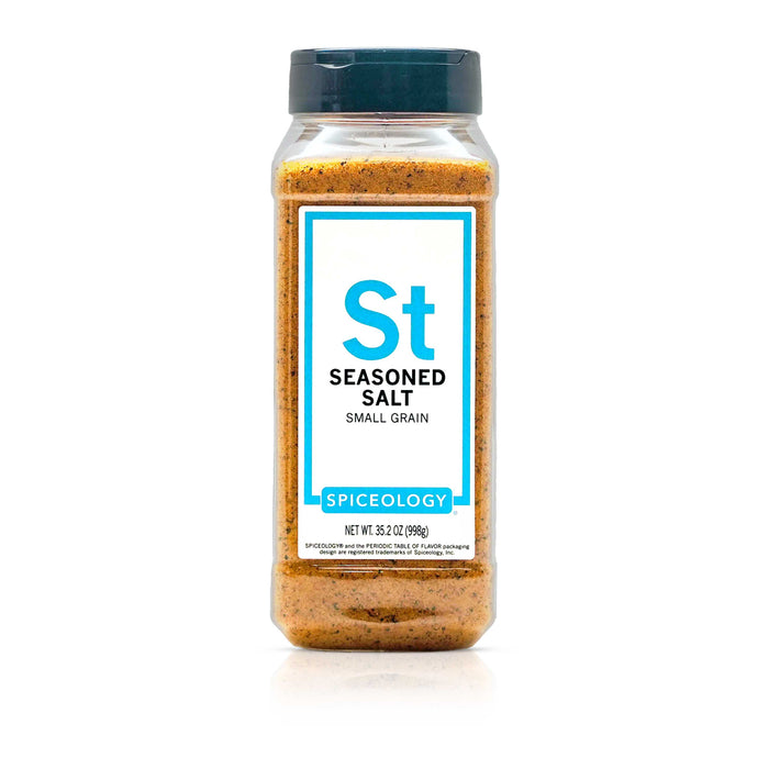 Bottle of Spiceology Seasoned Salt on a white background