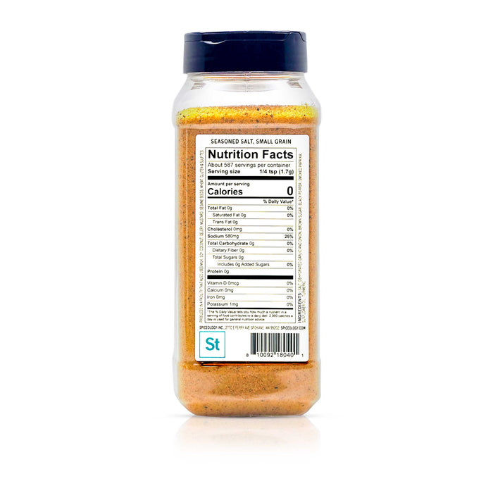 Back view of Spiceology seasoned salt nutrition facts and ingredient information.