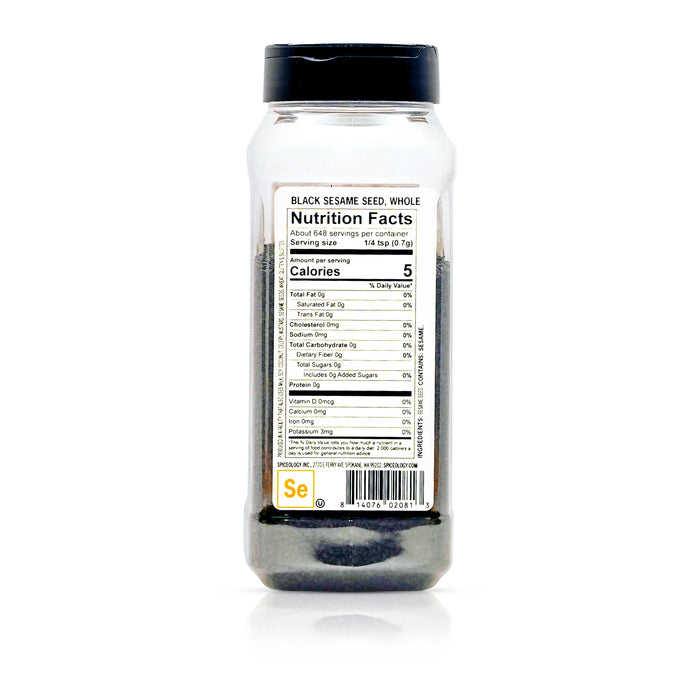 Back view of Spiceology whole black sesame seed nutrition facts and ingredient information.