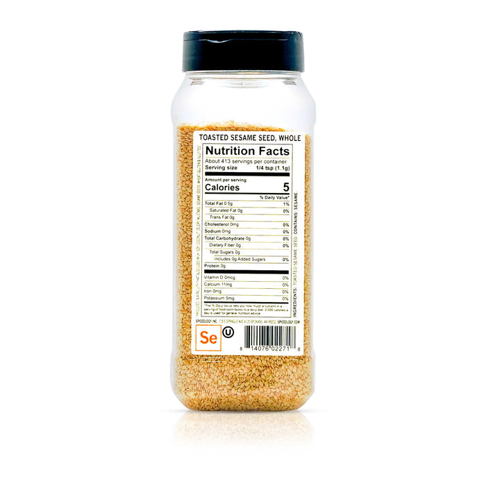 Back view of Spiceology Whole toasted sesame seeds nutrition facts and ingredient information.