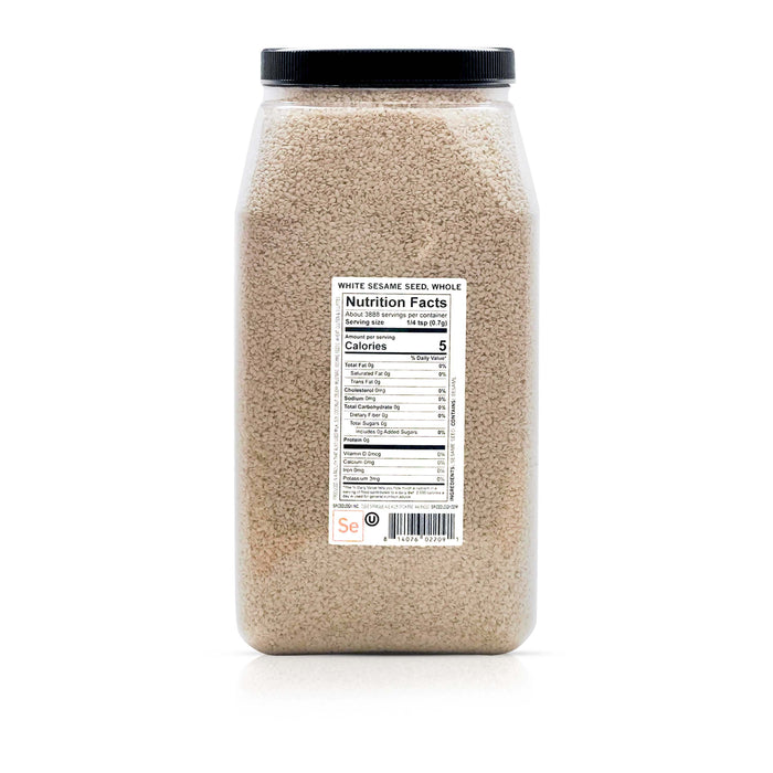 Back view of Spiceology whole white sesame seed nutrition facts and ingredient information.