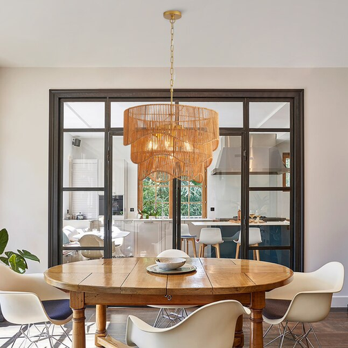 Sevenine Rerhill 7-Light Matte Gold Boho Rattan Lighting 3-Tier Pendant Design Chandelier